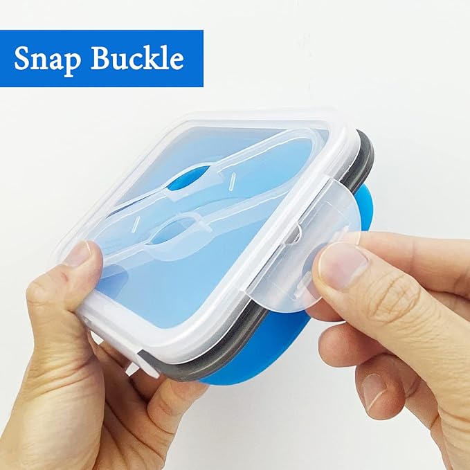 Small Silicone Collapsible Snacks Container with lid and 2 in 1 Spoon & Fork, Food Grade Silicone Bento Lunch Container, For Leftovers Meal Prep, Microwave/Freezer/Dishwasher Safe, 700ml