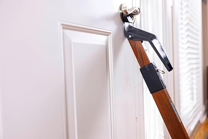 Super Heavy Duty Security Door Wood Grain Finish Lock Bar Fully Adjustable Door Stopper Device for Home Defense for Residential and Commercial Use to Protect Against Forced Entry