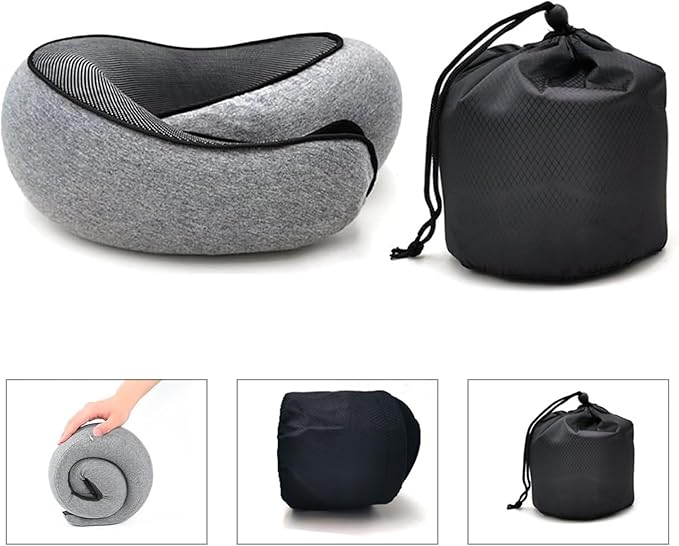RURING Travel Pillows for Airplanes, Travel Neck Pillow Travel Pillow, Neck Pillow Airplane Memory Foam 360 Degree Support Stowable Pillows for Airplanes Offices and Cars (Light Gray)