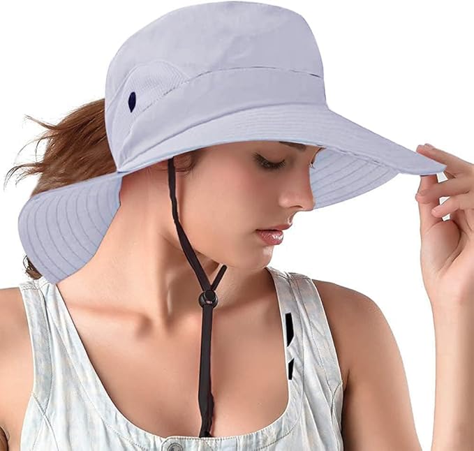 Rosoz Ponytail Sun Bucket Hats for Women UV Protection Foldable Mesh Wide Brim Hiking Beach Fishing Summer Safari