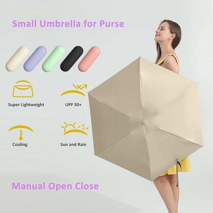 BAODINI Travel Mini Umbrella for Purse With Case Small Compact UV Sun Protection Sun Lightweight Tiny Pocket Manual Open Close Umbrella for Women Kids and Men