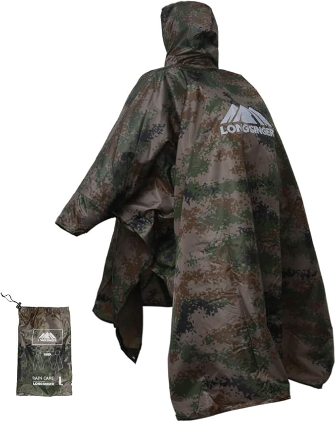 longsinger Rain Poncho for Adult, Waterproof Rain Poncho with Hood and Sleeve, Ideal for Hiking, Hunting, Camping
