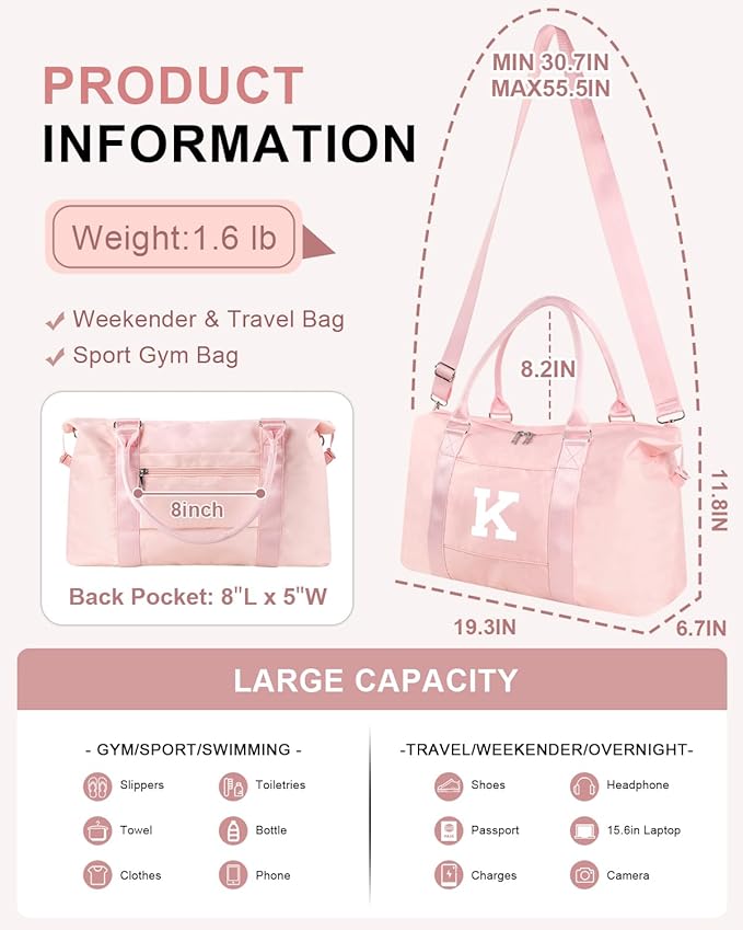 Initial Travel Duffel Bag Sports Gym Bag for Girls Teen Birthday Gifts,Pink Personalized Weekender Bag Carry On Tote Bags for Women Men,Waterproof Overnight Luggage Bag with Trolley Sleeve(Letter K)