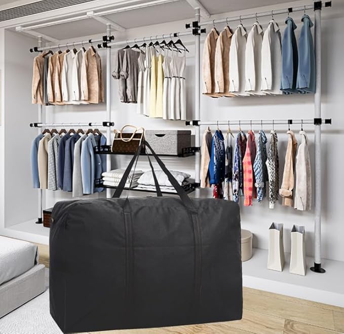 Large Storage Bags, 150L Waterproof Foldable Travel Duffle Bag with Reinforced Handles, Black Heavy Duty Moving Bags, for Bed Organize Clothing, Blanket