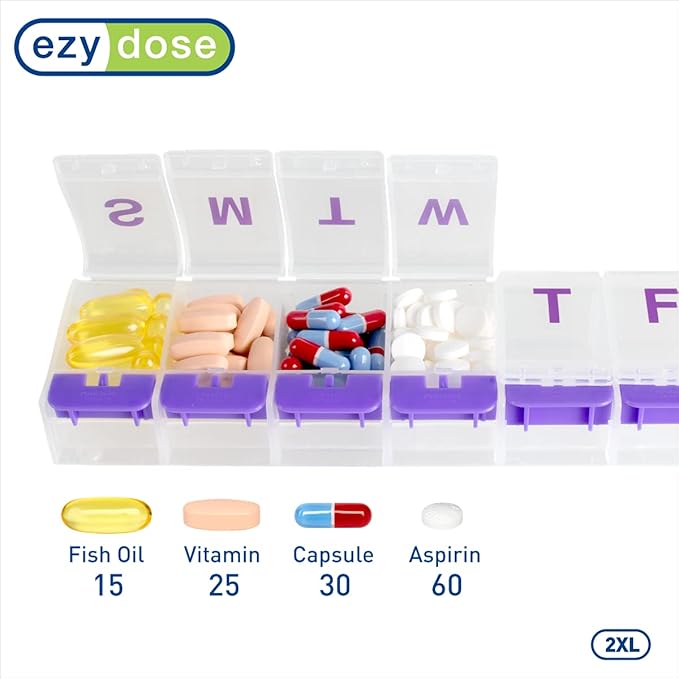 EZY DOSE Pill Organizer Weekly (7-Day), Medicine Planner, Vitamin Case/Box, 2X-Large Push-Button Compartments, Easy to Use, Travel-Friendly, Purple, BPA Free