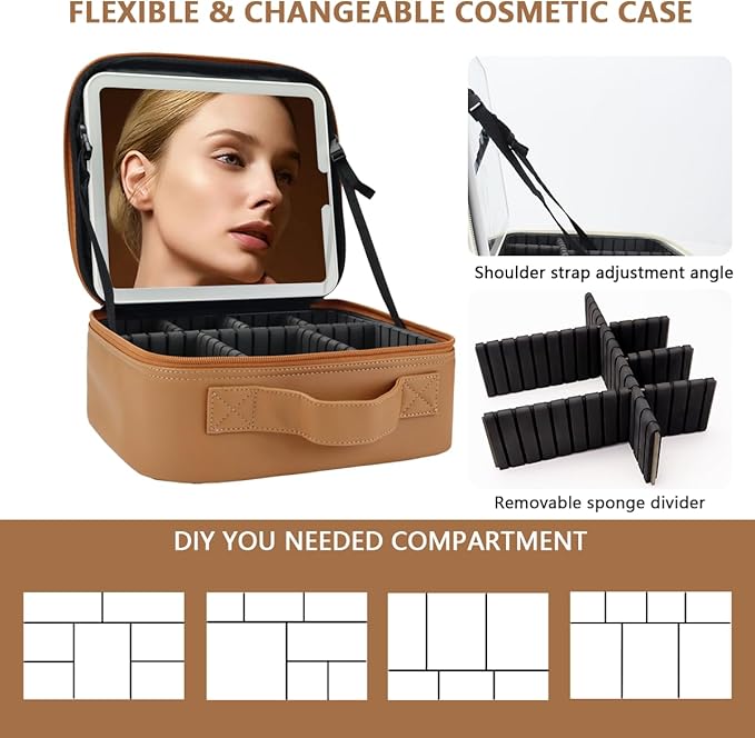 Travel Makeup Bag for Makeup Artists Large Makeup Case,with Mirror 3 Color Setting and Detachable 10x Magnifying Mirror Travel Makeup Bag,Portable Storage and Adjustable Dividers（brown）