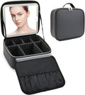 Travel Makeup Bag with LED Mirror Travel Makeup Organizer with 3 Lighted Settings, Adjustable Dividers and Makeup Brush Storage Bag Black