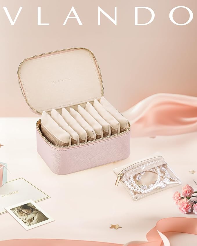 Vlando Graduation Gifts, Jewelry Box with 8 Velvet Jewelry Bags Travel Jewelry Case for Women Girls Jewelry Organizer Necklace Rings Earrings Bags Gift Ideas for Teacher Birthday Bride (Pink)