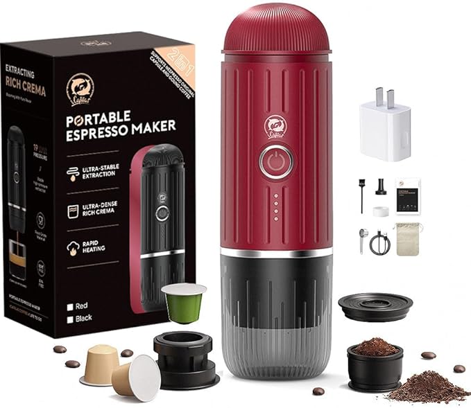 Portable Coffee Maker Travel Espresso Machine 120W Red Color, 19 Bar Pressure 7500mAh Rechargeable Battery Version Portable On the Go for Camping, Driving, Home and Office Travelling