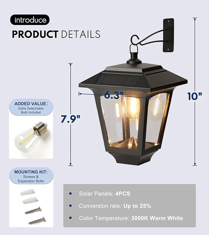 PASAMIC 2 Pack Solar Wall Lights with Replaceable Bulb, IP65 Waterproof Outdoor Sconce, 4 Solar Panels, 3000K Warm White, Automatic Dusk to Dawn Lighting for Porch, Garden, Patio, Garage, Fence