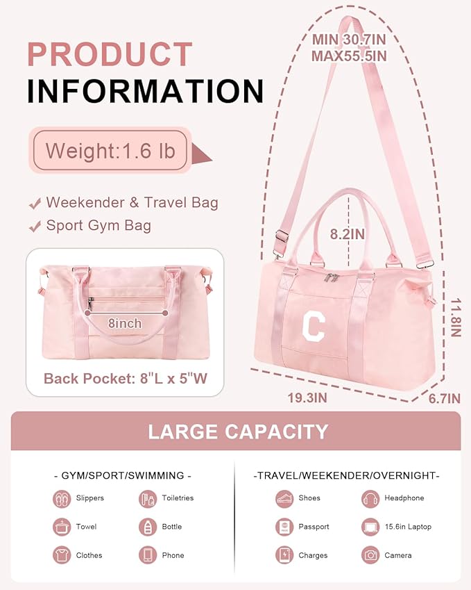 Initial Travel Duffel Bag Sports Gym Bag for Girls Teen Birthday Gifts,Pink Personalized Weekender Bag Carry On Tote Bags for Women Men,Waterproof Overnight Luggage Bag with Trolley Sleeve(Letter C)