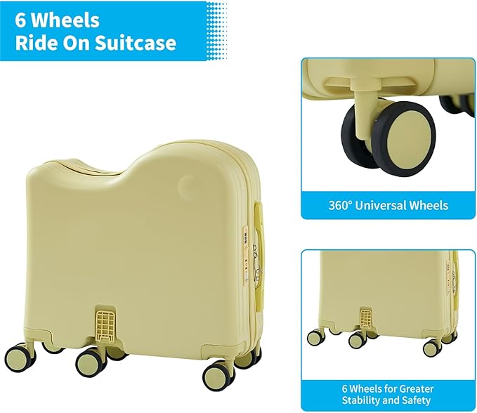 TABU Ride-on Luggage with Handbag for Kids，Hardshell Carry On Suitcase with Hidden Cup Holder, Foldable Pedal,Type-C & USB Interface, TSA Lock, 6-Spinner Wheels, Yellow