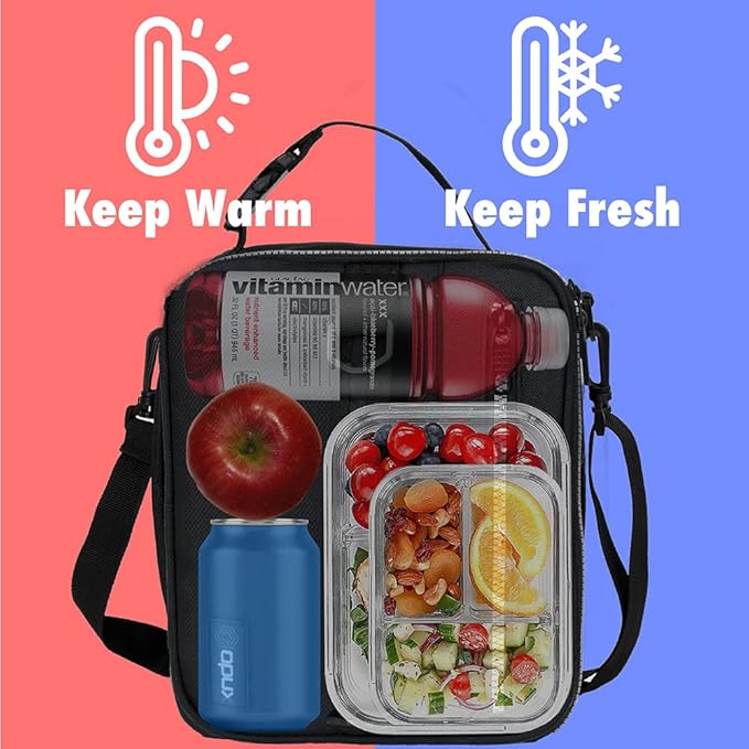 opux Insulated Lunch Box for Men Women Adult, Compact Lunch Bag for Kids Boy Girl Teen, Soft Lunch Cooler Bag for Work School, Leakproof Lunchbox Lunch Pail with Clip-on Buckle, Black