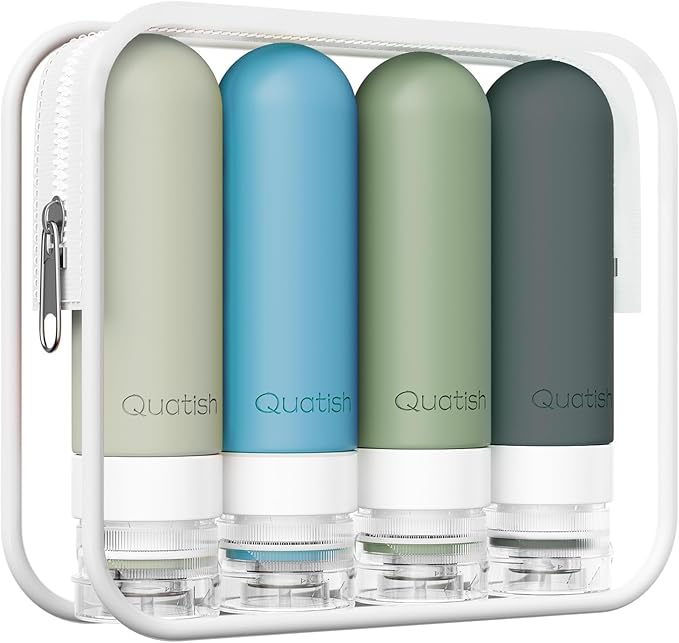 Quatish Travel Bottles for Toiletries, Original Patented Leak Proof Travel Size Containers, 3 oz Tsa Approved Silicone Shampoo and Conditioner Bottles, 4 Pack, Morandi