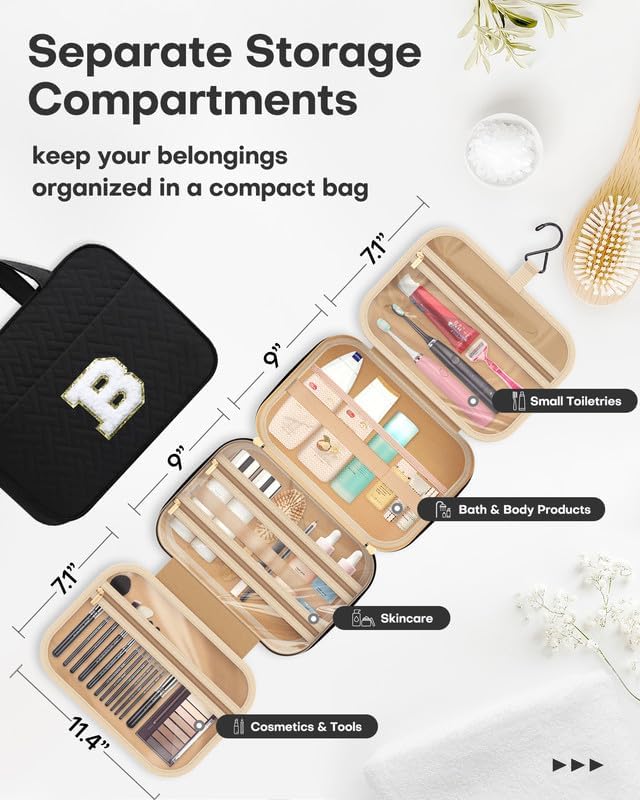 HOTOR Travel Toiletry Bag - Personalized Chenille Initial Makeup Bag, Water-Resistant Personalized Gifts for Women, Portable Travel Accessories & Essentials, Letter B, Black, 11.4"×9.0"×3.35"