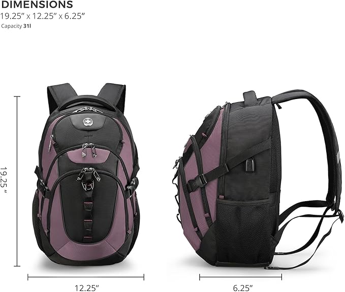 Swissdigital Design Laptop Backpack with USB Charging Port, TSA Travel Backpack Fits 15.6 inches Computer, 31L College School Backpack for Women, Light Purple/Black | SD803