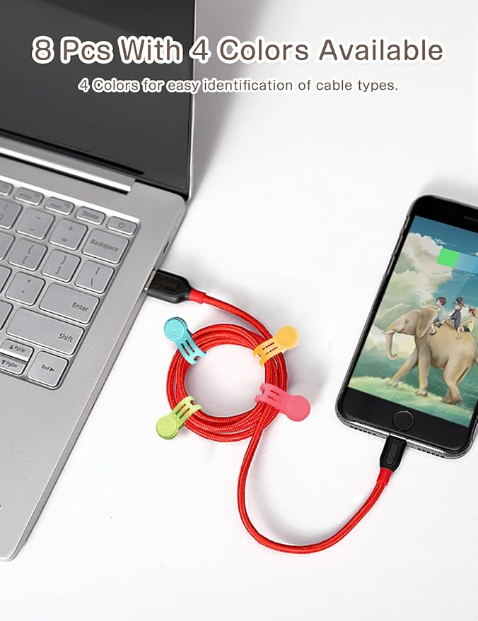 Kanemc Magnetic Cable Organizer For Cords, Cord Wrap Silicone Zip Ties Twist Ties Magnet Strap For Smartphone Charger Earphone Video Game USB C Cables (Macaron Color, S-size)