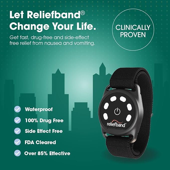 Reliefband Sport Anti-Nausea Wristband | Waterproof, FDA Cleared, Nausea & Vomiting Relief for Motion Sickness (Car, Air, Sea) & Morning Sickness, Drug & Side Effect Free (Black, 1 Extra Gel Tube)