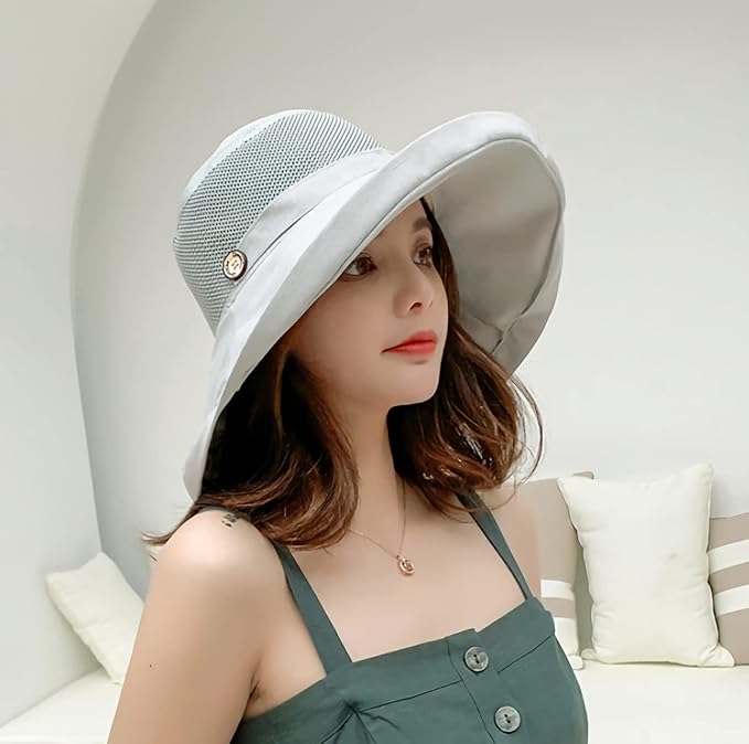 Women Wide Brim Sun Hats Metal Wired Edge Summer UV Protection Beach Fishing Hat for Hiking Garden Travel Chin Strap