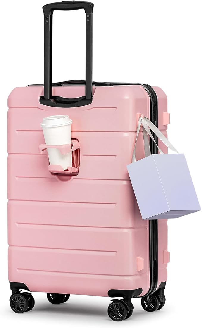 KYME 26 Inch Luggage TSA Approved Hardshell 26" Suitcases with Spinner Wheels Durable Medium Travel Checked Luggage with Cup Holder for Women Men Pink
