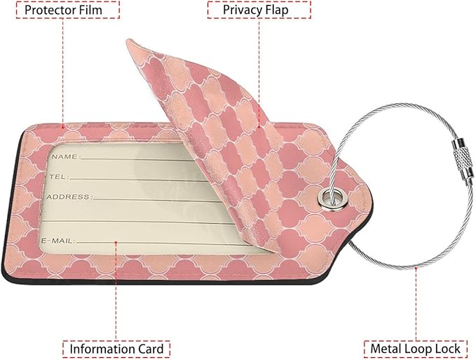 Pink Moroccan Plaid 2 Pack Luggage Tag for Suitcase, Leather Bag Tags Identifiers Privacy Cover ID Label with Steel Loop for Women Men Kids Girls Travel