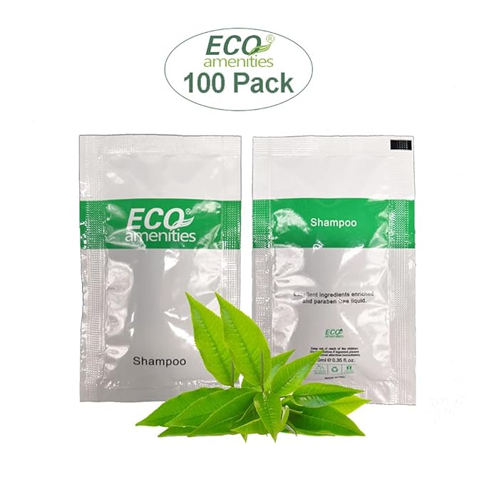ECO amenities Hotel Mini Shampoo Sachets for Guests - Refreshing Green Tea Scented Toiletries for AirBnB & Rentals - 0.35 fl oz (10ml), 100 Pack