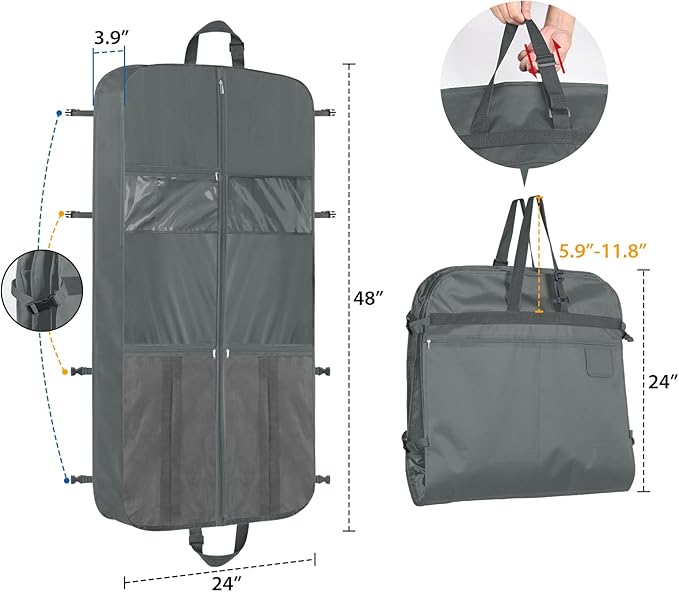 Zilink Upgraded Garment Bags for Travel Hanging Fur Coat Storage Bag Suit Bags for Men Storage with Adjustable Handles and Stable Buckles for Suit Shirts Coats Dresses, Grey