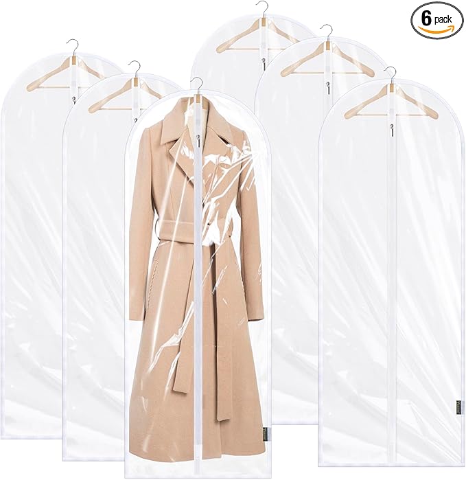BALEINE 60'' Clear Garment Bags, 6 Packs PEVA Dress Bag for Closet Clothes Dresses Suit Coats Storage (Clear, 6PK)