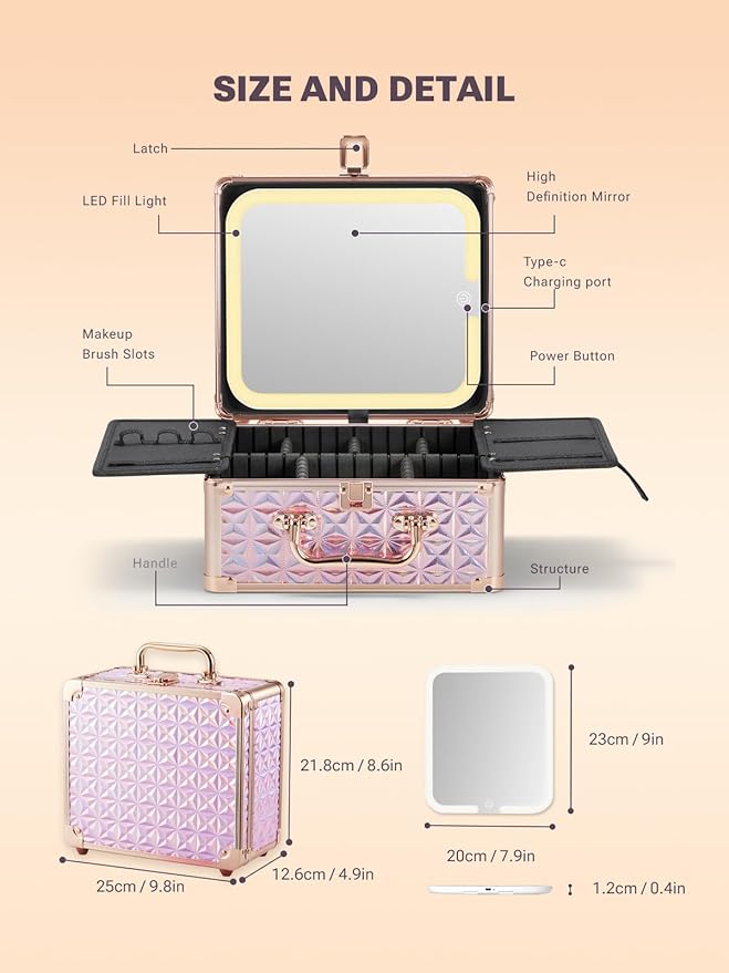 Qislee Makeup Box with A Detachable Lighted Mirror, Waterproof Travel Train Case, Cosmetic Organizer and Makeup Suitcase with Adjustable Dividers, Magnetic LED Mirror(Sparkling Pink)