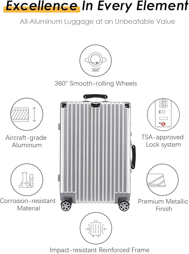 HotWay 28 Inch All Aluminum Checked in Luggage with Leather Handle, Hard Shell Zipperless Suitcase with TSA Locks and Spinner Wheels, Large Luggage for Business Travel, Black