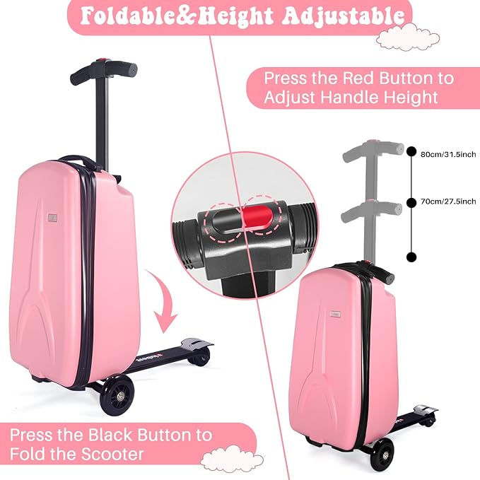 MRPLUM 20" Ride-On Suitcase with Detachable Scooter for Kids,Foldable Hardshell Carry-On Luggage for Toddlers Ages 4-15 with Adjustable Handle,Easy Steering&Brake(Airplane Approved)