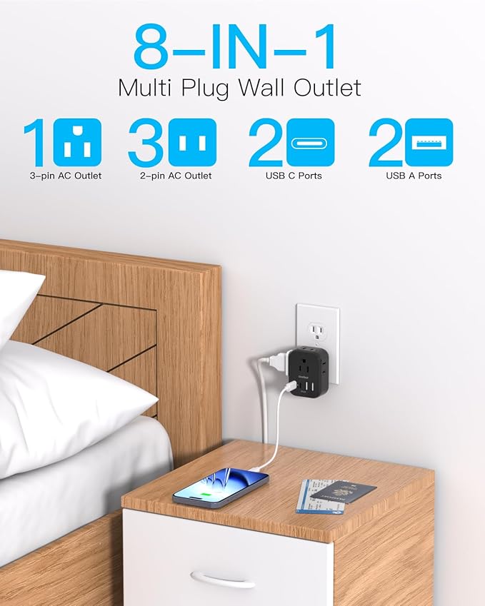 Travel Cruise Ship Essentials, Travel Plug Adapter with 4 Outlets 4 USB (4 USB-C), Cruise Approved Power Strip Non Surge Protector, Multi Plug Wall Outlet Extender, Travel Cruise Must Have Accessories