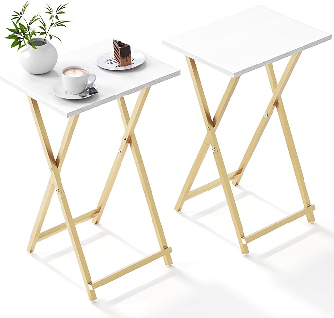 Foldable TV Trays, Small Folding Table, TV Trays Set of 2, TV Dinner Tray, Side Table for Bed, Couch, Portable Easy to Move, White & Gold