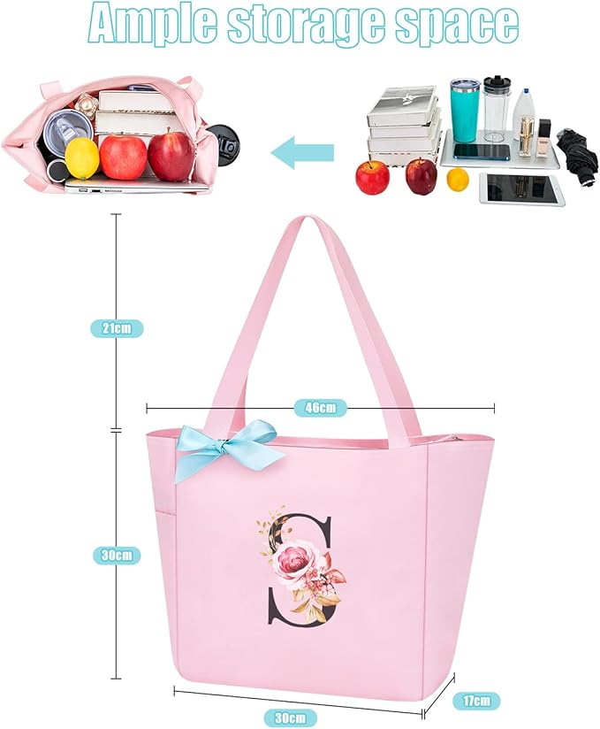 Vavabox Tote Bag, A-Z Initial Monogrammed Waterproof Tote Bag, Bridesmaid Gifts for Women, Black and Pink