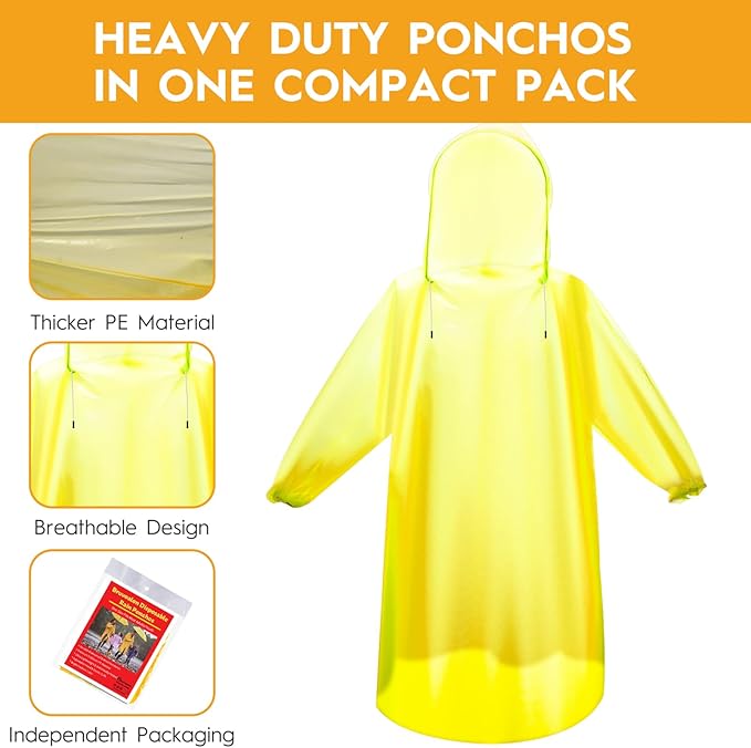 Bruvoalon 6 & 20 Pack Disposable Rain Ponchos for Adults/Youth, Waterproof PE Raincoats with Drawstring, Camping/Emergency