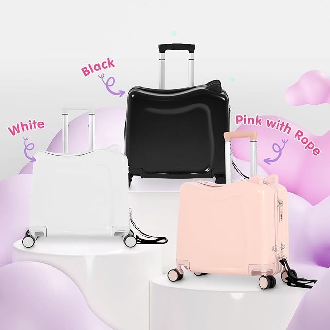 smilesun 20" Ride-On Travel Suitcase for Kids, Cute Ear Toddler Carry on Luggage with Spinner Wheels, Children Rolling Trolly Luggage with Combination Lock (Coal Black with Rope)