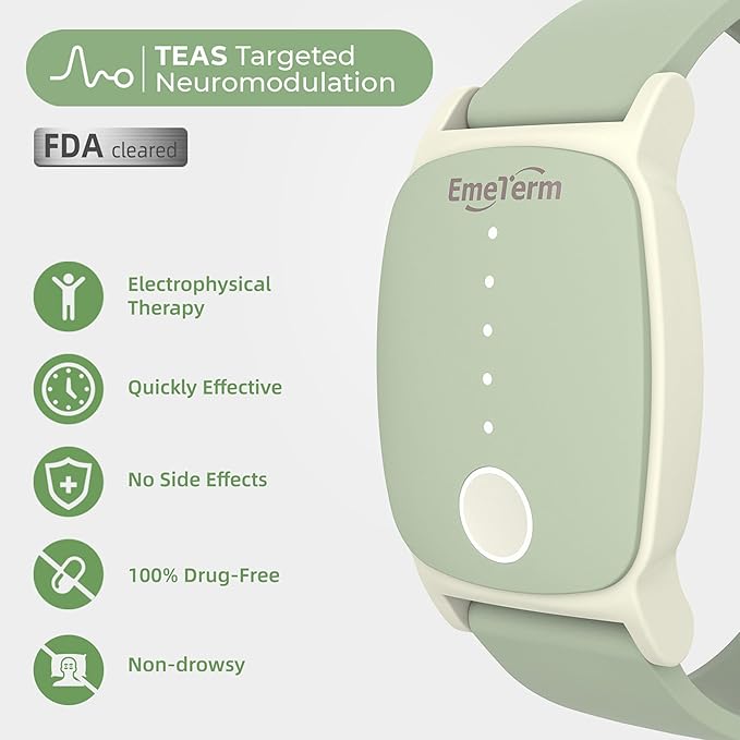 EmeTerm Explore FDA-Cleared Anti-Nausea Wristband IP67 Waterproof Morning Motion Sickness Relief Band Rechargeable Classic Strap Design Drug Free Non-drowsy Without Side Effects Mint Green
