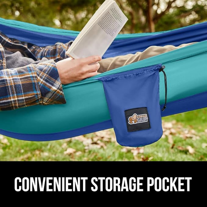 GORILLA GRIP Durable Portable Camping Hammock, Holds 400lbs with Heavy Duty Tree Straps, Comfortable Travel Swing, Camp Hammocks, Easy to Use and Install, Outdoor Essentials, Blue, 9x4.5 FT