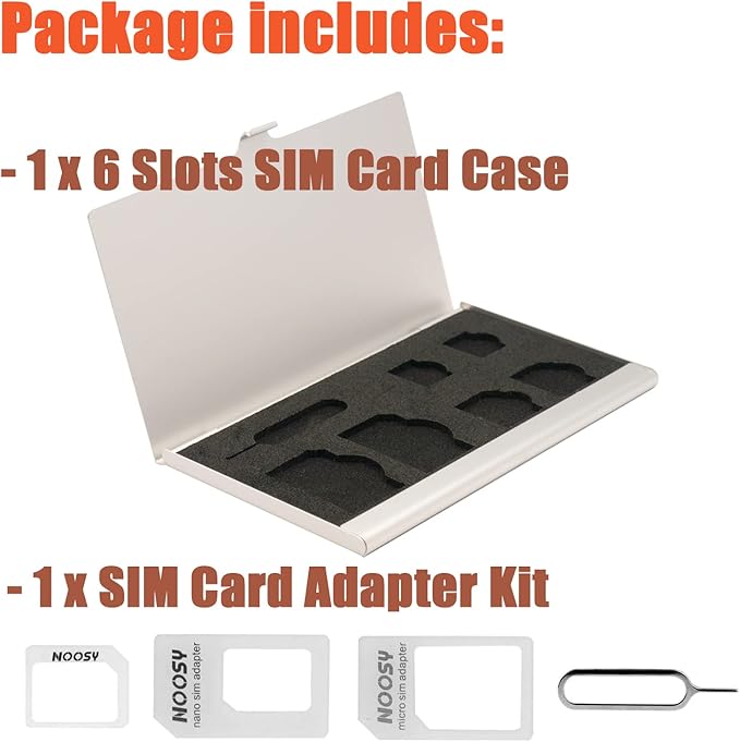 Aluminum SIM Card Case, 6Slots Ultrathin SIM Card Holder with SIM Card Adapter Kit for Travelers or Holiday Trip (6SIM+Silver)
