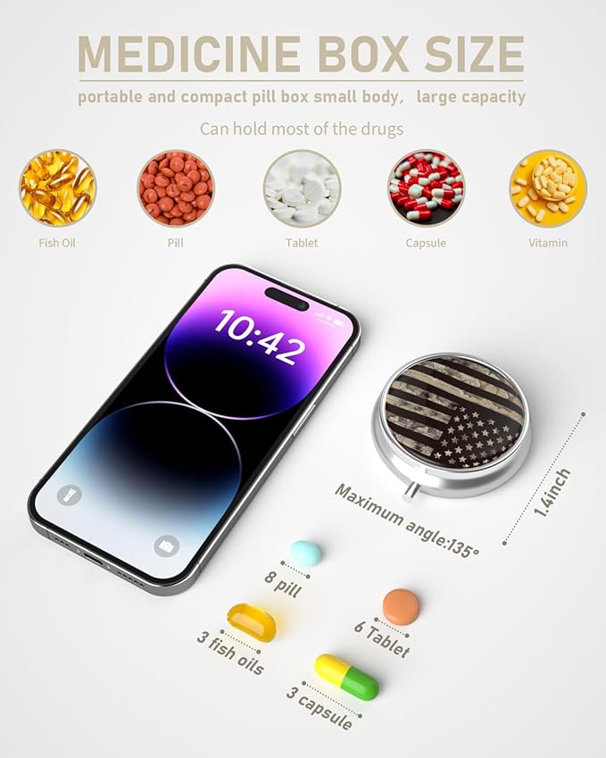 Pill Box, 3 Compartment Portable Travel Medicine Box with Mirror, Compact and Cute, Fits in Purse and Pocket, Medicine and Vitamin Organizer (American Flag)