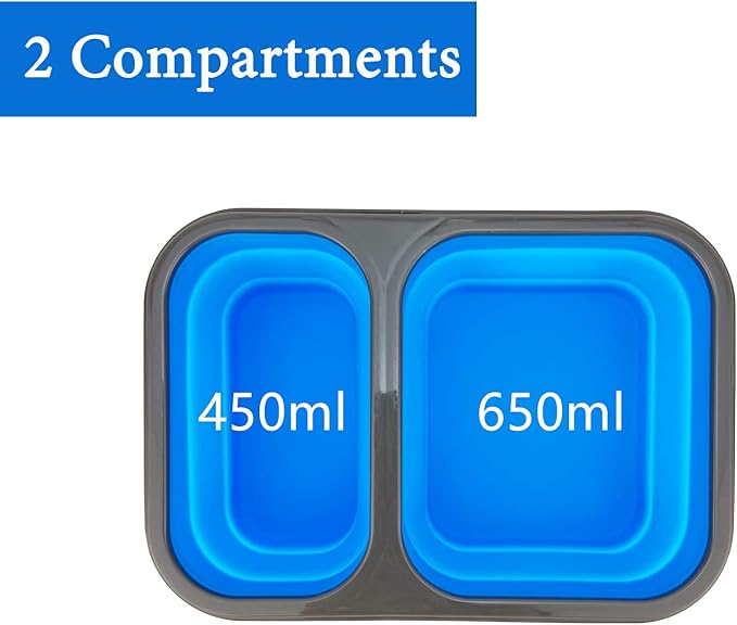 2 Compartments Collapsible Airtight Bento Box with Ideal Portion 600ml & 450ml and 2 in 1 Spoon & Fork, Food Grade Silicone Lunch Container for Adults Work Travel, Microwave Safe