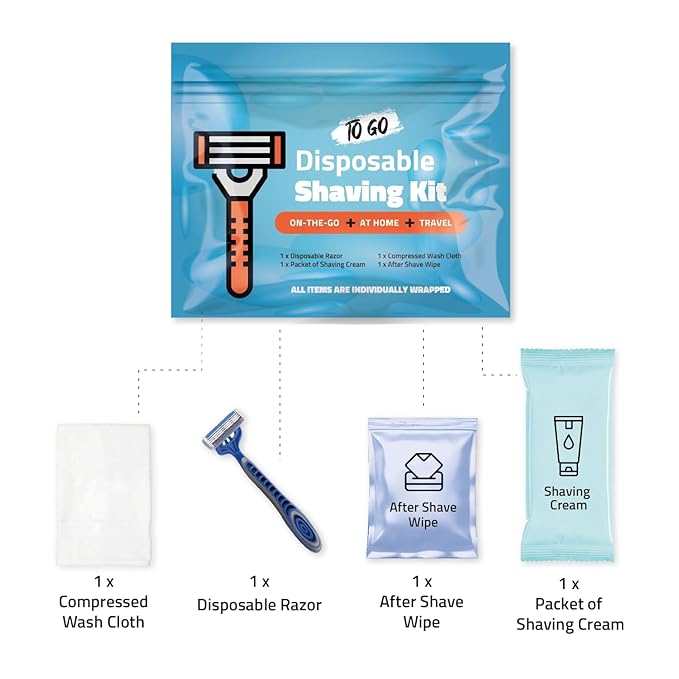 Shaving Kit with Razor, Shaving Cream, Washcloth & Aftershave Wipe – Men’s Travel Shave Set for Hotels, Shelters & Outreach – Disposable Grooming Pack (Blue) (10)