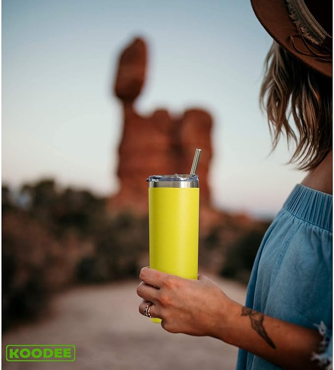 Koodee 20 oz Skinny Tumbler - Stainless Steel Double Wall Insulated Slim Water Cup With Straw and Lids (Yellow)