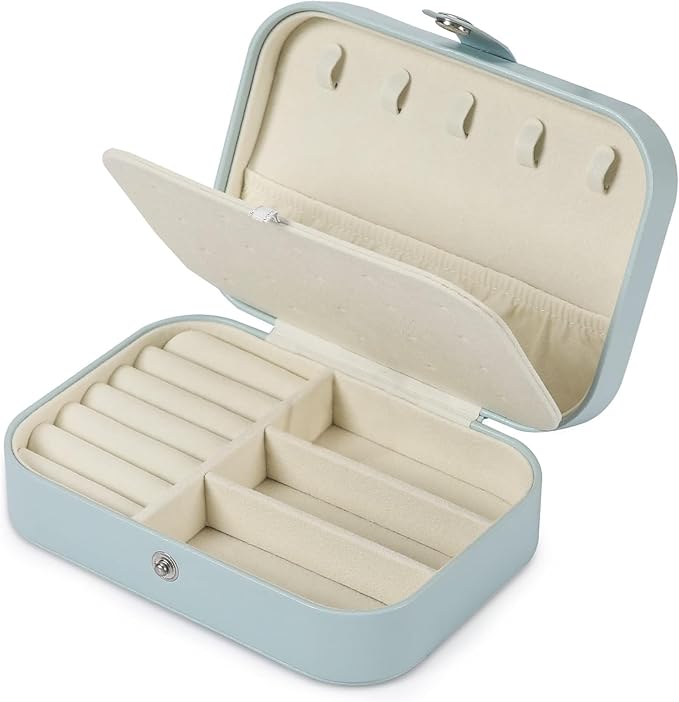 Travel Jewelry Box, PU leather Small Jewelry Organizer For Female Girls, double layer portable mini travel case for storing earrings, rings, necklaces.(blue 2pcs)