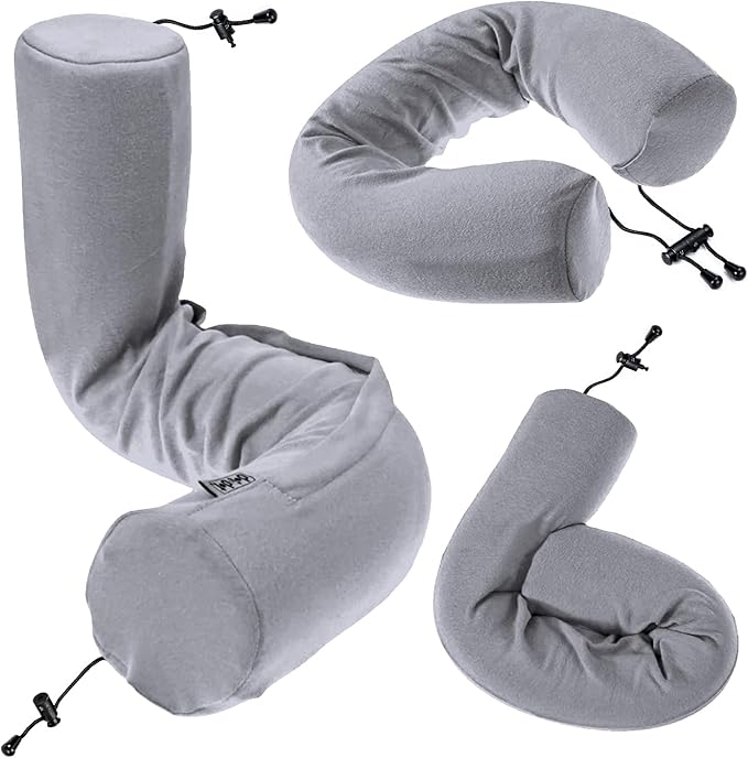 Dot&Dot Twist Memory Foam Travel Pillow for Airplanes - Travel Neck Pillow for Sleeping - Airplane Pillow for Neck Support, Chin, Lumbar and Leg - Adjustable, Bendable Neck Roll Pillow, Steel