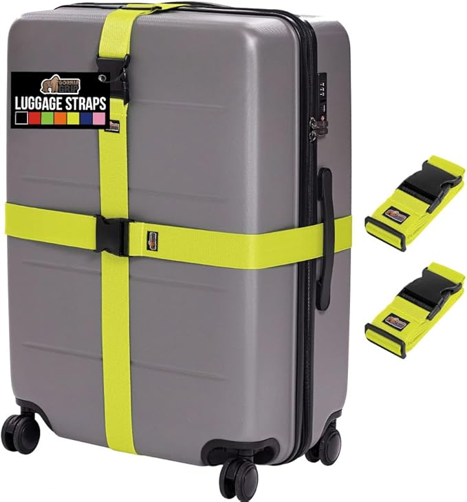 GORILLA GRIP Heavy Duty Adjustable Luggage Straps for Suitcases, Easy to Identify Travel Belt Connector Holds Suitcase Together, Extends Life of Bag, Strap Connects Two Bags, Accessories 2 Pack Yellow