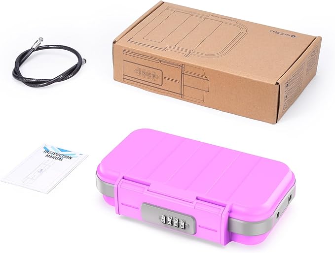 LOFICOPER Portable Safe Box, Travel Safe Lock Box, Waterproof Beach Lock Box, Personal Security Case, with Combination Code, Detachable Steel Rope, for Travel, Beach, Hotel, Home, Office, Pink