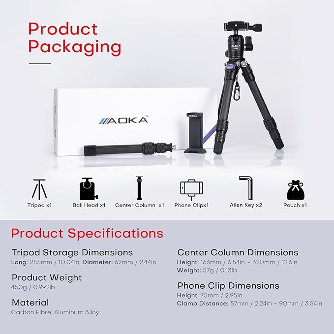 AOKA 15.75in/0.99lb Mini Carbon Fiber Tripod, Compact Pocket Travel Tabletop Tripod Stand for Phone, SLR, Digital Camera,Projector, Webcam, with Metal Phone Mount & Extended Center Shaft Rod