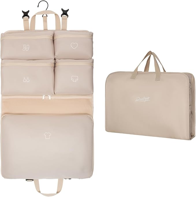 Hanging Packing Cubes,Garment Bags for Travel and Storage, Travel Apparel Bags for Men Women with 5 Solid Color Pockets, Storage Bags for Clothes, Socks,Underwear for Carry on Suitcase (Khaki)