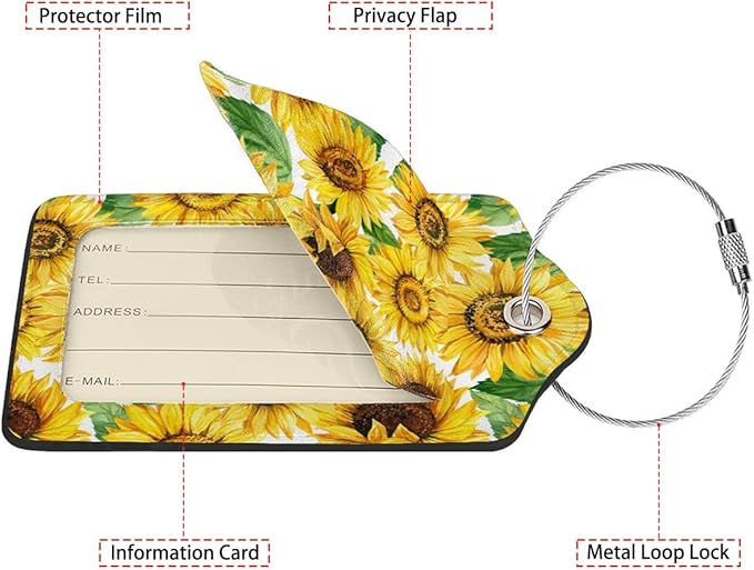 Blooming Sunflowers 2 Pcs Luggage Tags,Privacy Cover ID Label with Stainless Steel Loop and Address Card for Travel Bag Suitcase